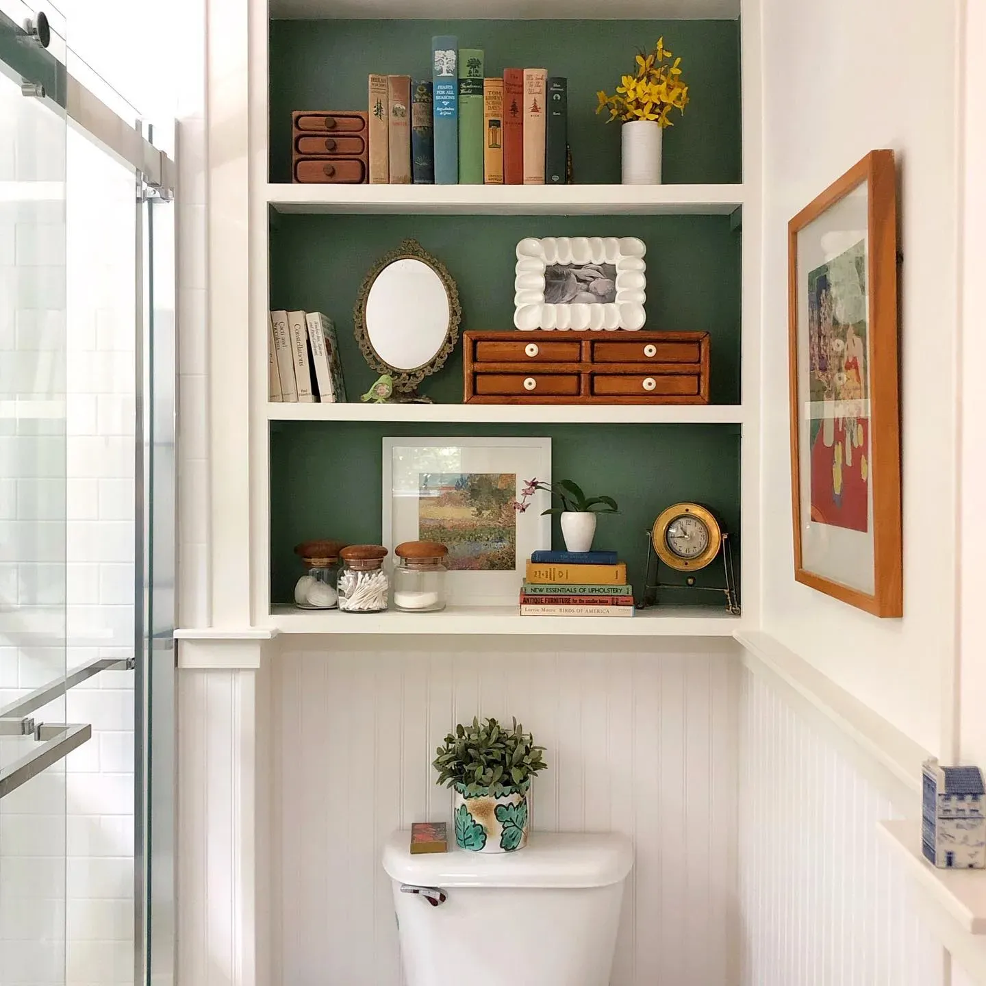 Sherwin Williams Privilege Green bathroom accent wall