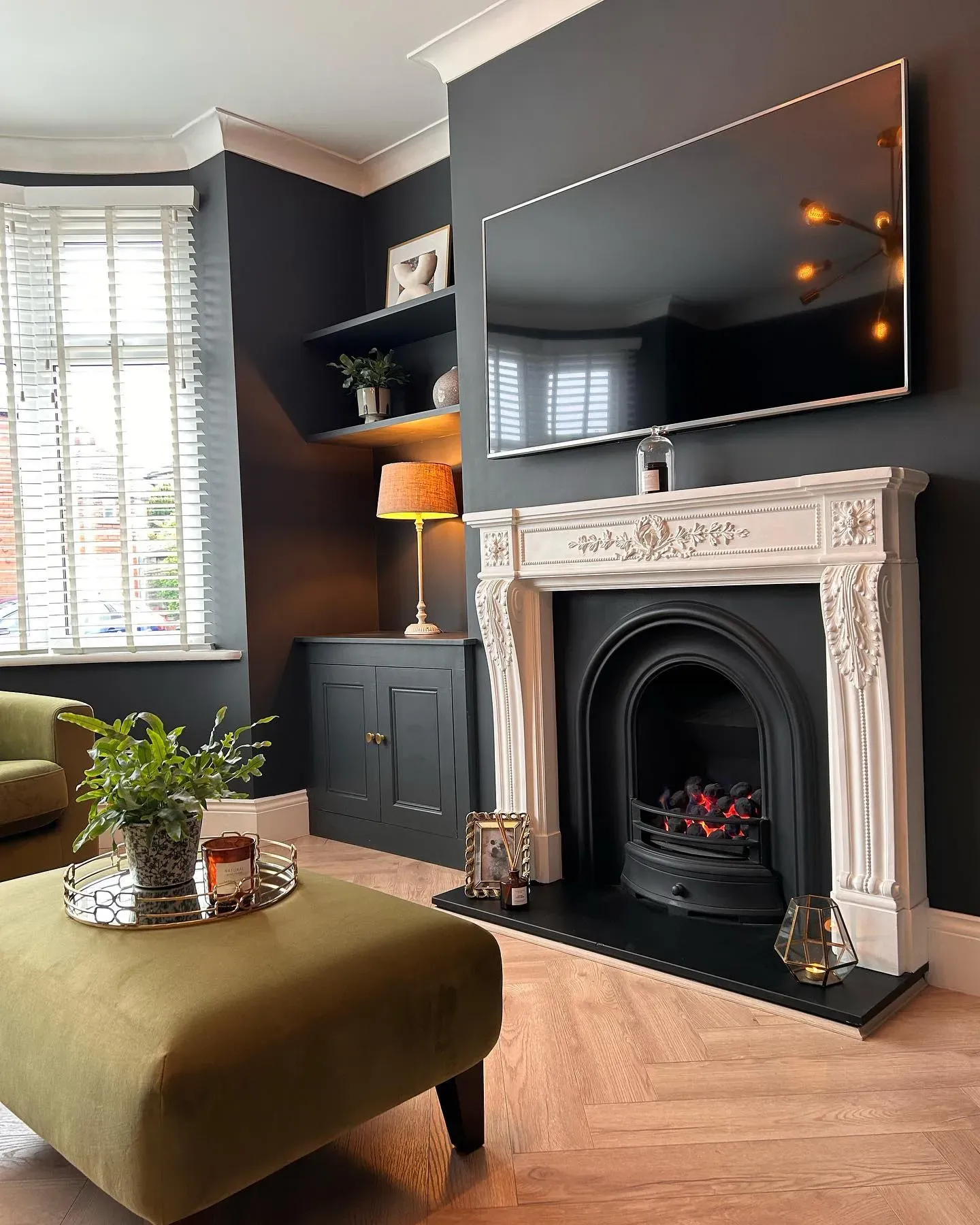 Farrow and Ball Railings cozy living room interior