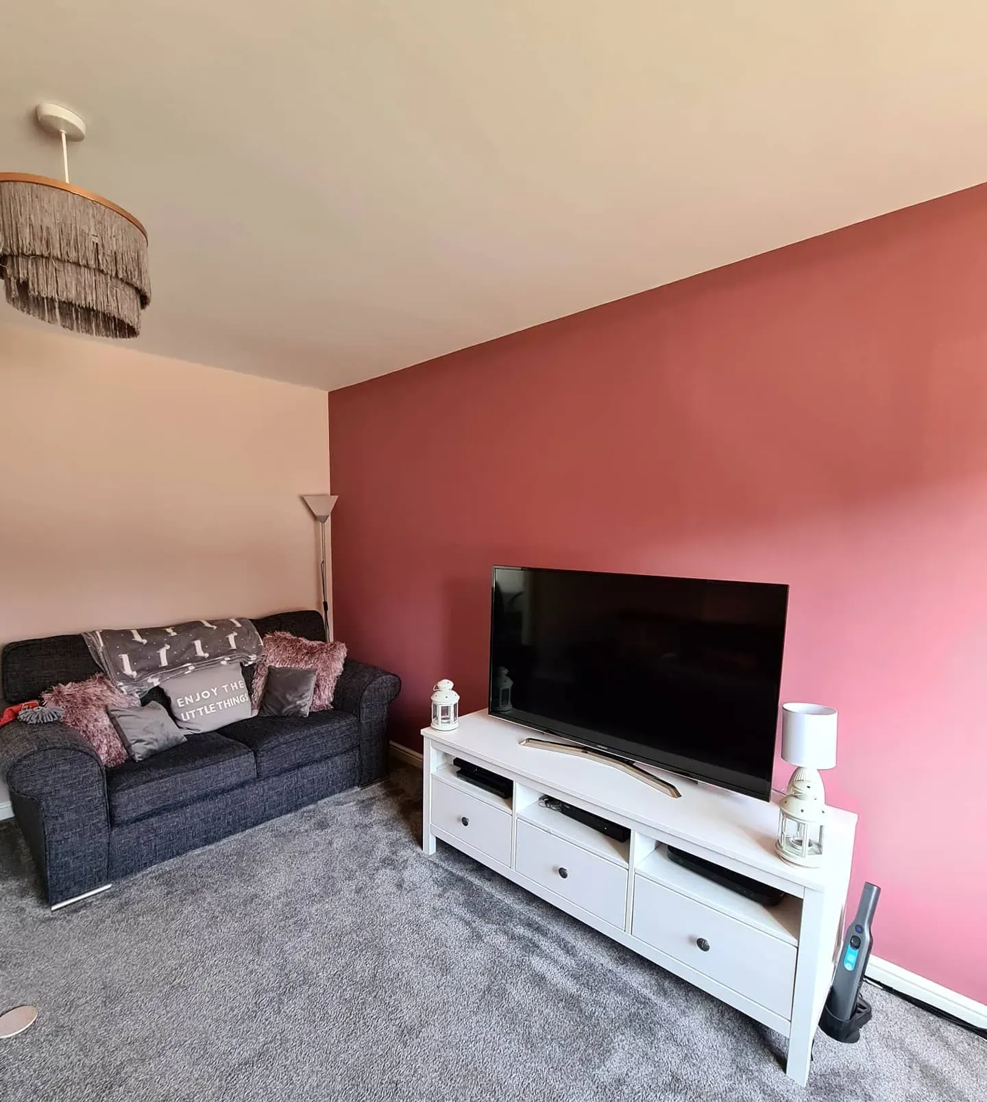 Dulux Raspberry Diva living room accent wall