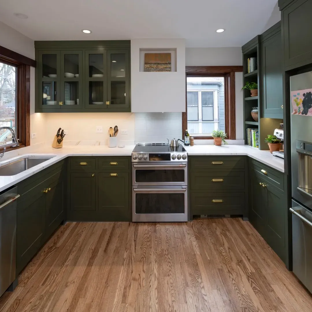 Sherwin Williams Roycroft Bronze Green kitchen cabinets 