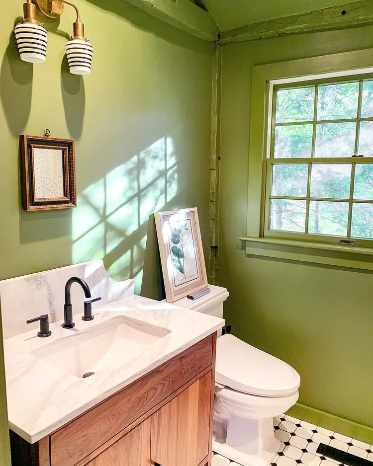 Warm green bathroom interior with Sap Green