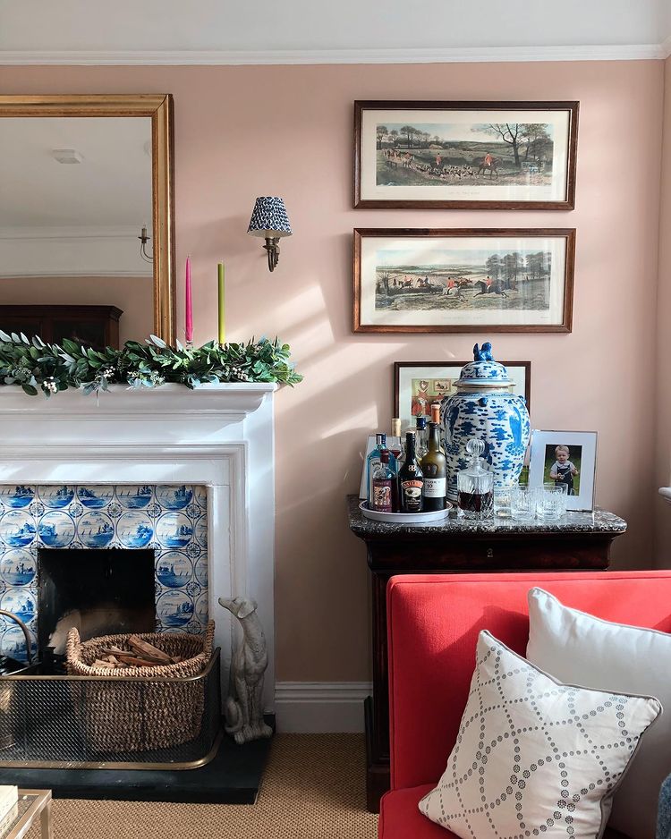 Pink living room decor with Farrow and Ball Setting Plaster