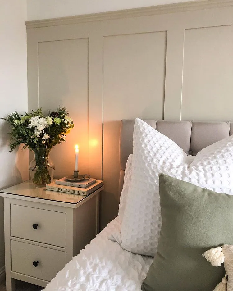 Beige bedroom panelling with Farrow and Ball Shaded White