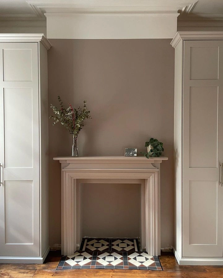 Dusted pink fireplace interior Dulux Soft Truffle review