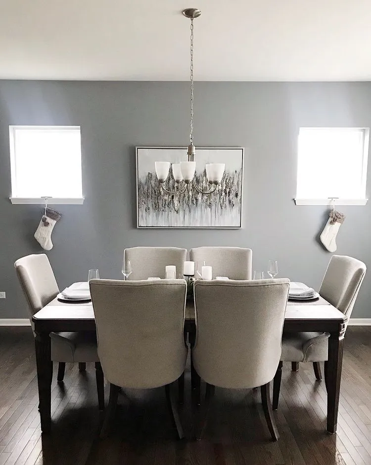 Gray dining room interior with Sherwin Williams Uncertain Gray