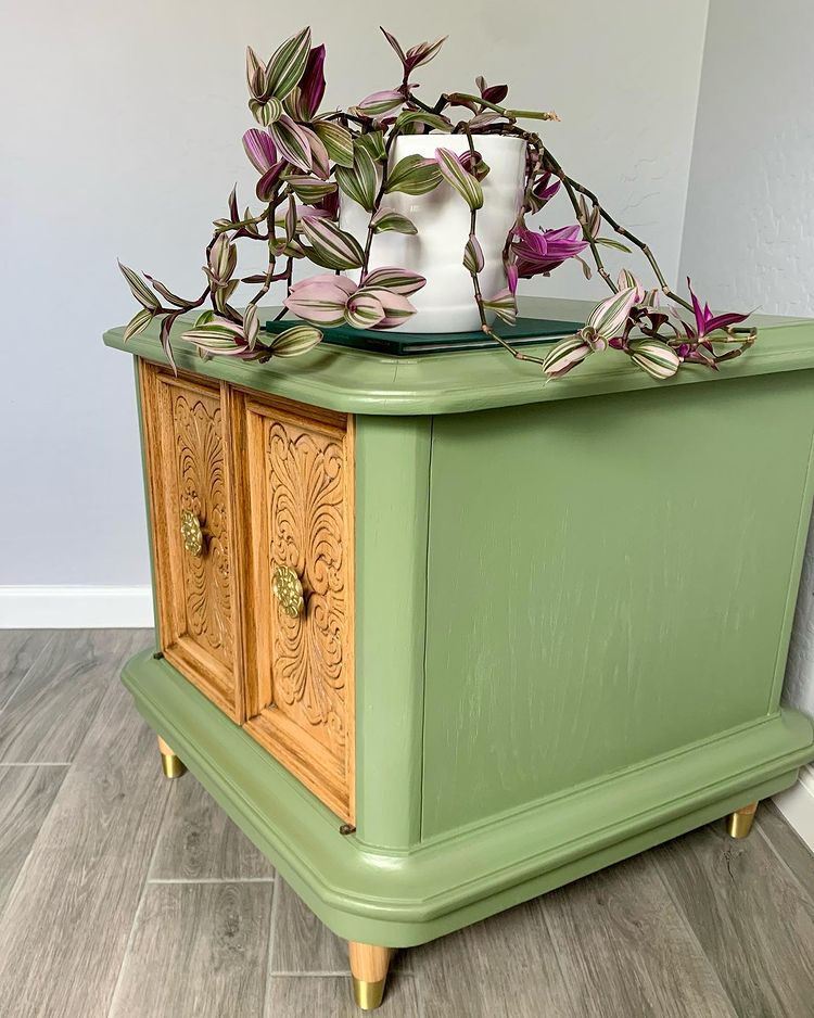 70s cabinet painted with Sherwin Williams Artichoke 6179