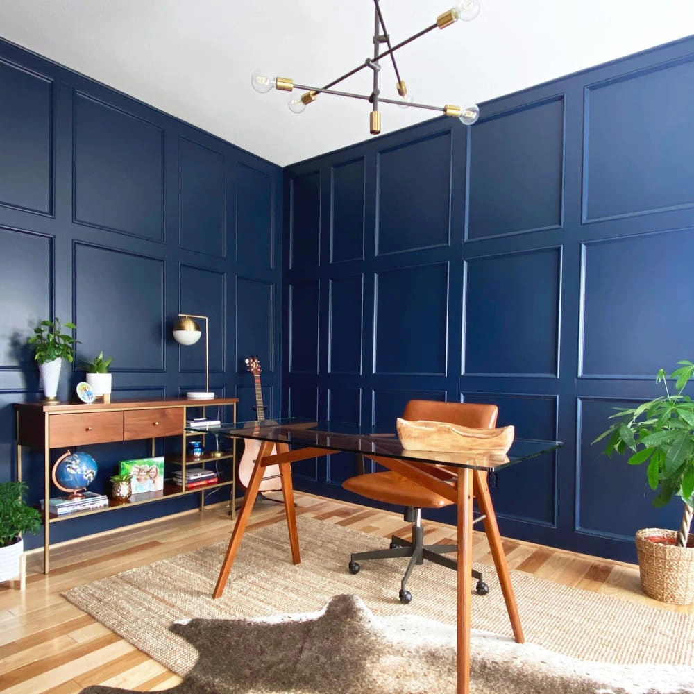 Dark blue wall panelling Sherwin Williams Naval review