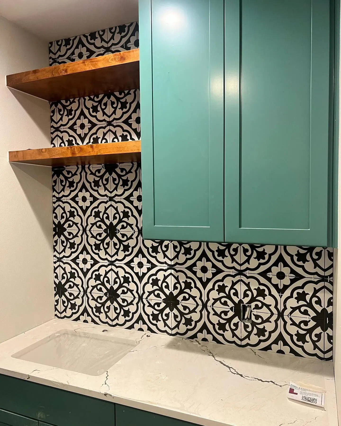 Sherwin Williams Teal Stencil kitchen cabinets 