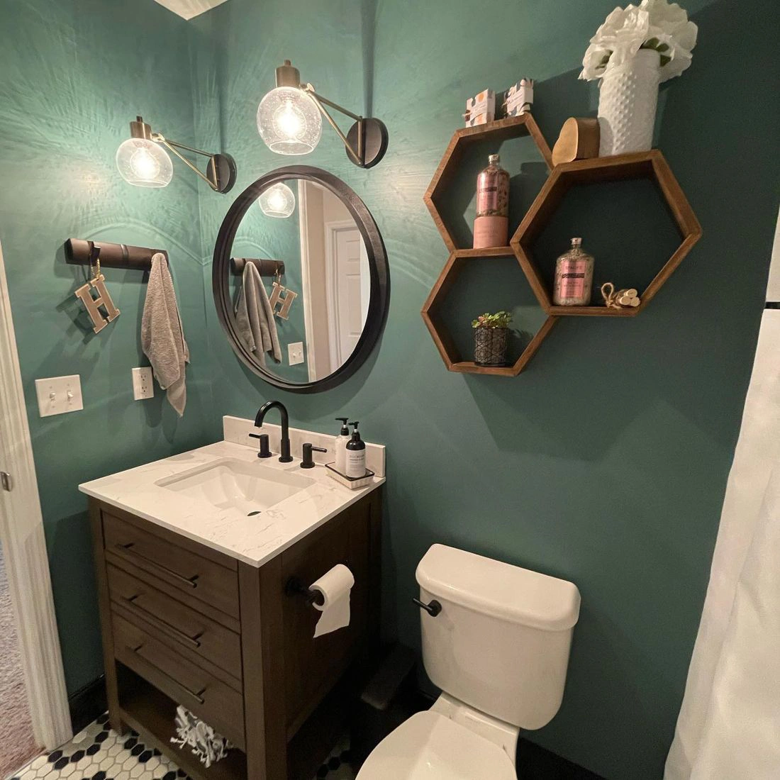 Sherwin williams teal stencil bathroom