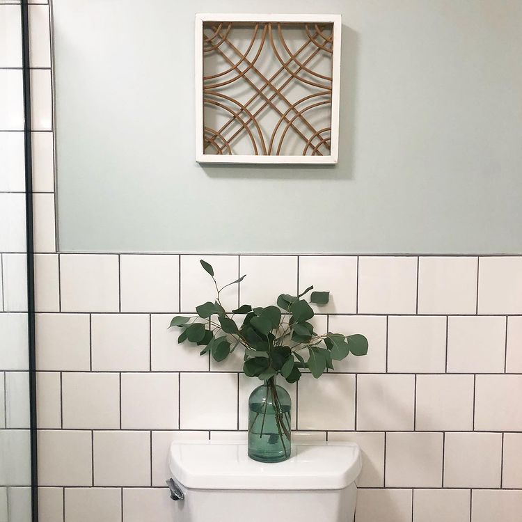 White tiles with mint wall Sherwin Williams Sea Salt