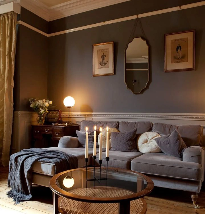 Bohemian living room inetrior with grey Dulux Urban Obsession paint