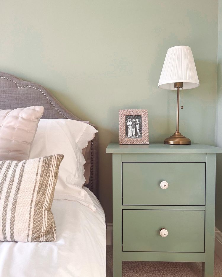 Soft dusted green bedroom interior Vert De Terre