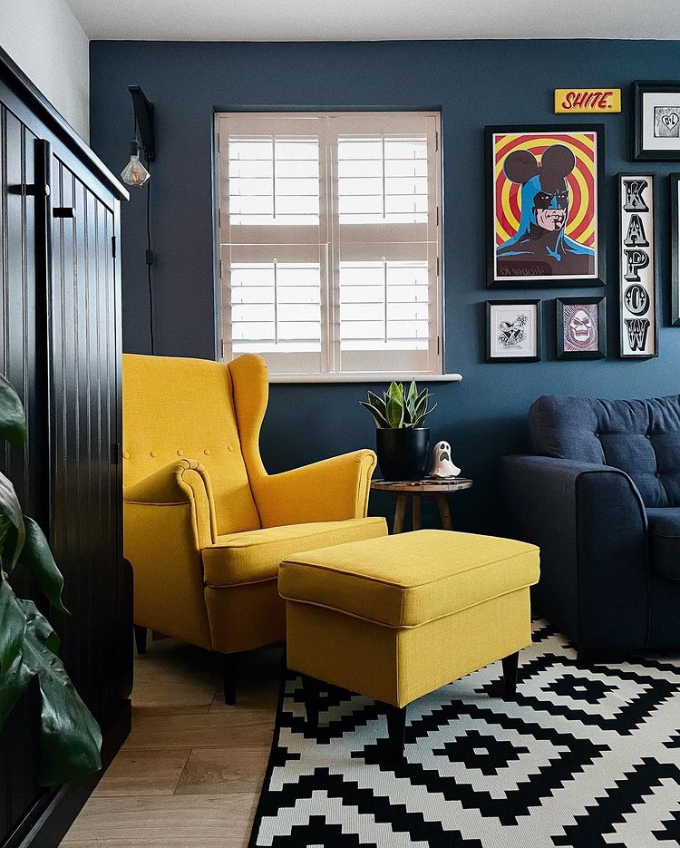 Eclectic interior with Farrow and Ball Stiffkey Blue review