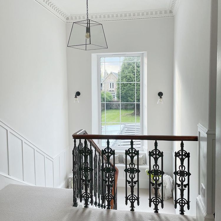 White stairs interior with Farrow and Ball Wevet