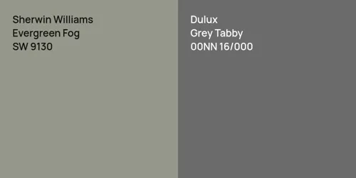 SW 9130 Evergreen Fog vs 00NN 16/000 Grey Tabby