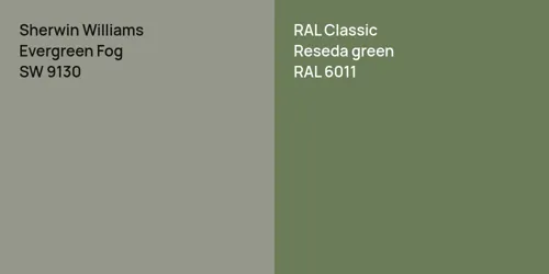 SW 9130 Evergreen Fog vs RAL 6011  Reseda green