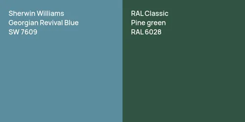 SW 7609 Georgian Revival Blue vs RAL 6028  Pine green