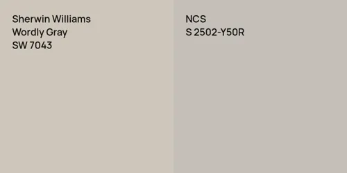 SW 7043 Wordly Gray vs S 2502-Y50R 