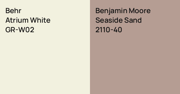 Behr Atrium White vs. Benjamin Moore Seaside Sand comparison