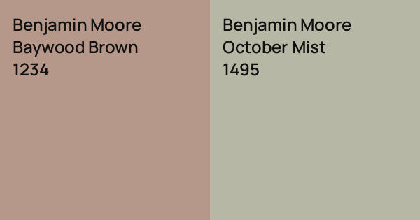 Benjamin Moore Baywood Brown vs. Benjamin Moore October Mist comparison