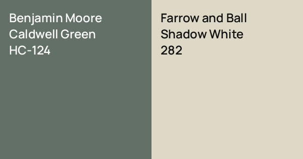 Benjamin Moore Caldwell Green vs. Farrow and Ball Shadow White comparison