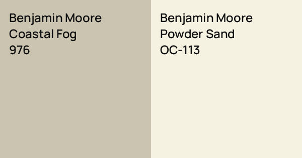 Benjamin Moore Coastal Fog vs. Benjamin Moore Powder Sand comparison
