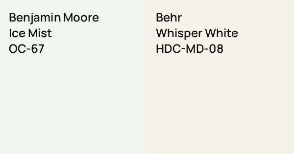 Benjamin Moore Ice Mist vs. Behr Whisper White comparison