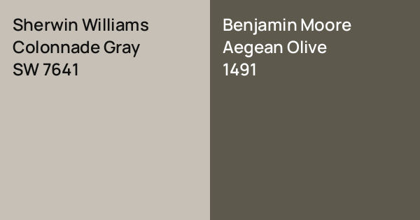 Sherwin Williams Colonnade Gray vs. Benjamin Moore Aegean Olive comparison
