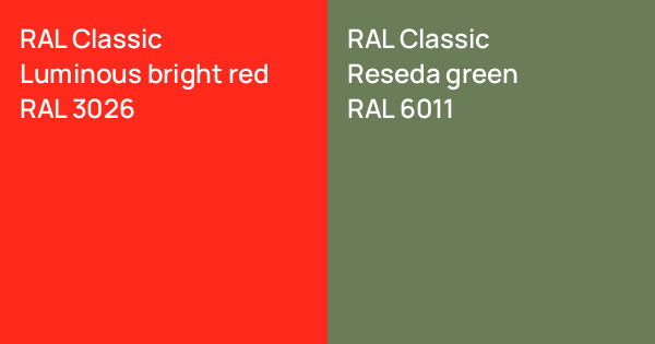 RAL Classic Luminous bright red vs. RAL Classic Reseda green comparison