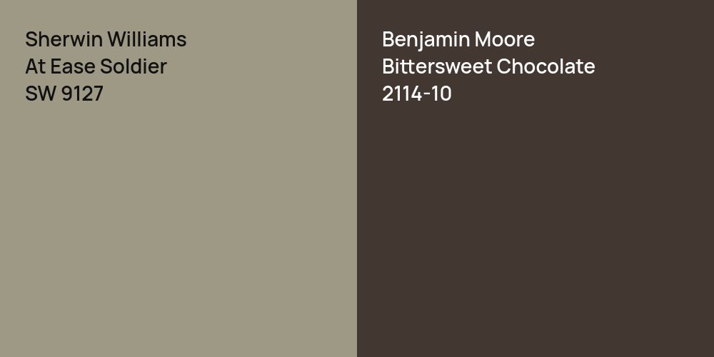 Sherwin Williams At Ease Soldier vs. Benjamin Moore Bittersweet Chocolate