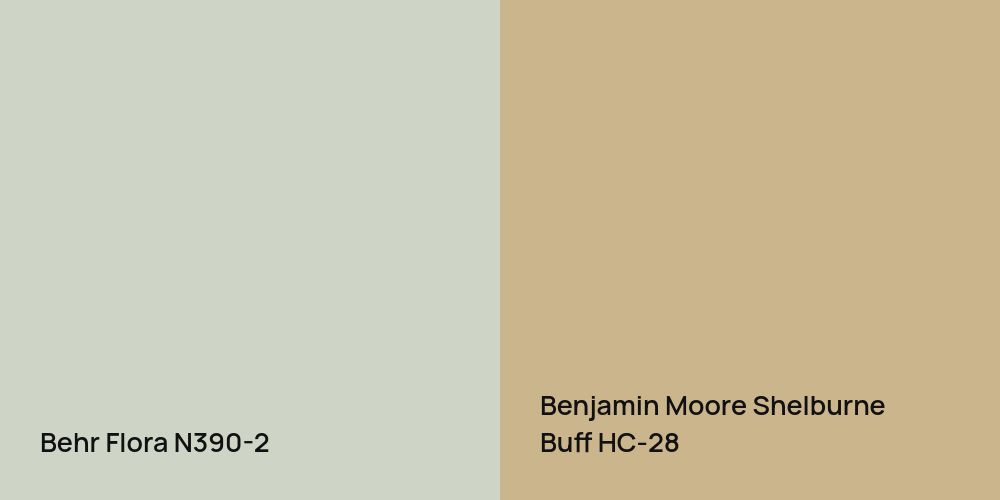 Behr Flora vs. Benjamin Moore Shelburne Buff