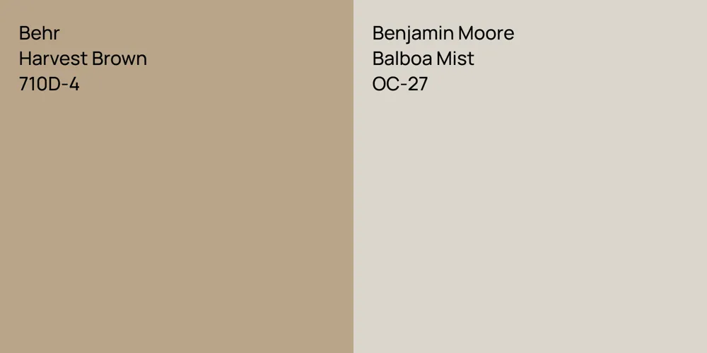 Behr Harvest Brown vs. Benjamin Moore Balboa Mist comparison