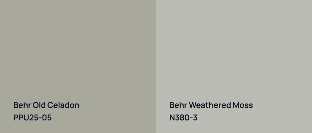 Behr Old Celadon PPU25-05 vs Behr Weathered Moss N380-3
