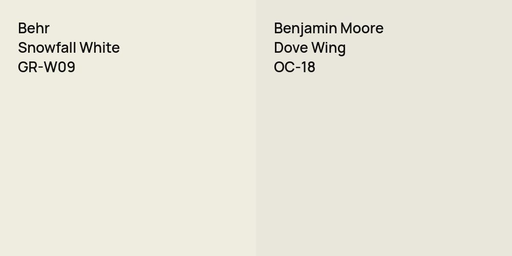 Behr Snowfall White vs. Benjamin Moore Dove Wing