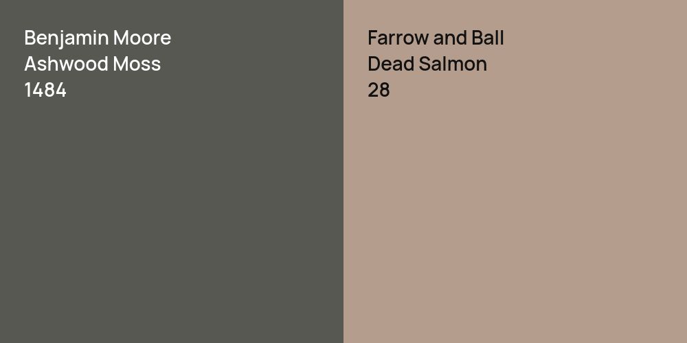 Benjamin Moore Ashwood Moss vs. Farrow and Ball Dead Salmon