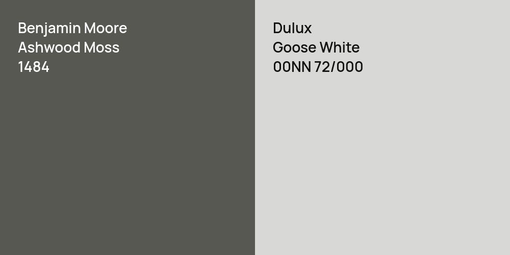 Benjamin Moore Ashwood Moss vs. Dulux Goose White