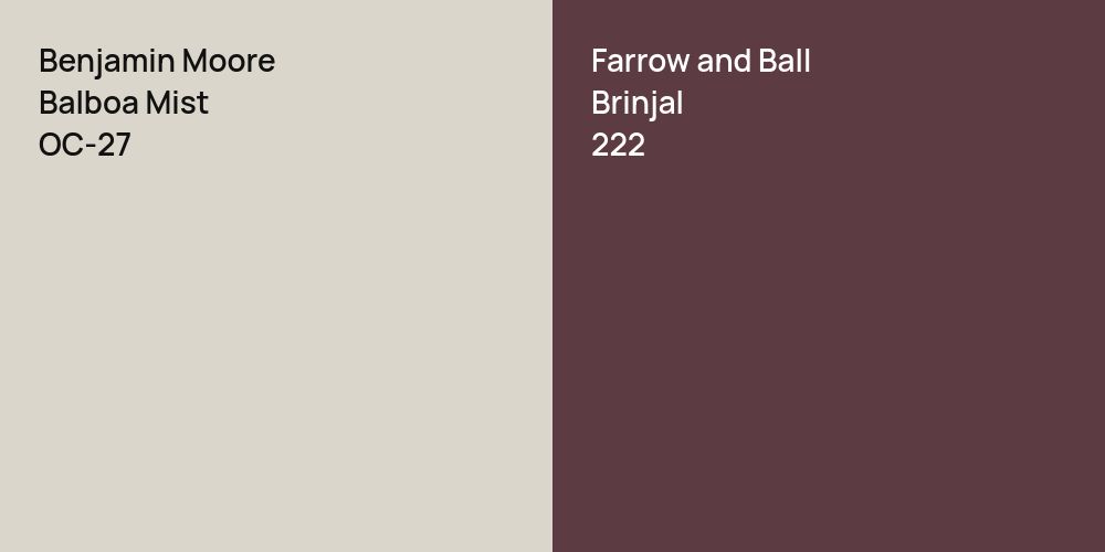 Benjamin Moore Balboa Mist vs. Farrow and Ball Brinjal