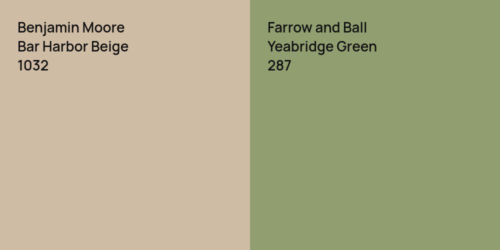 Benjamin Moore Bar Harbor Beige vs. Farrow and Ball Yeabridge Green