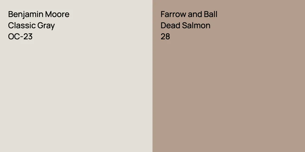 Benjamin Moore Classic Gray vs. Farrow and Ball Dead Salmon