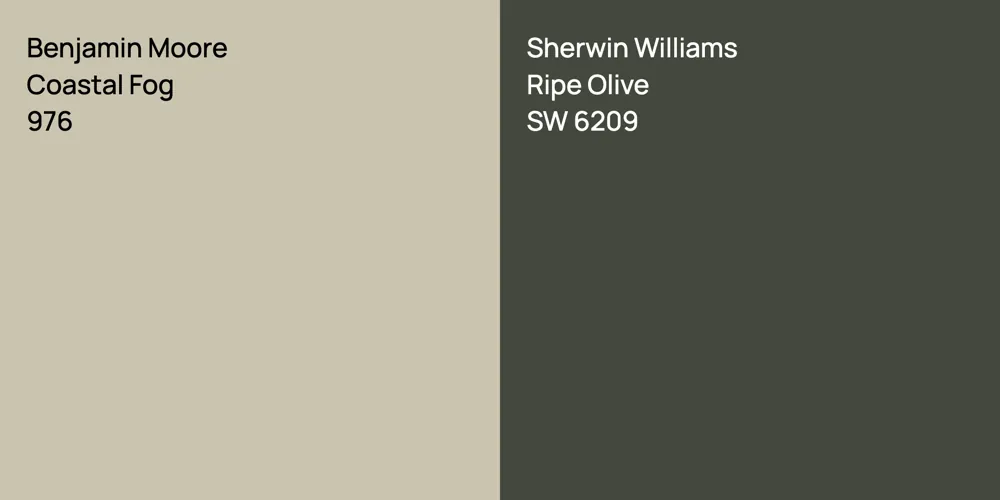 Benjamin Moore Coastal Fog vs. Sherwin Williams Ripe Olive