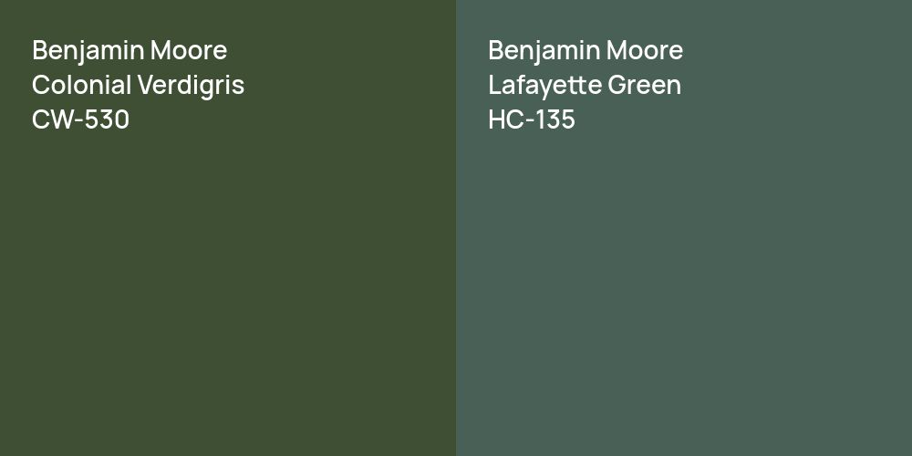 Benjamin Moore Colonial Verdigris vs. Benjamin Moore Lafayette Green