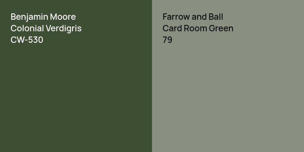 Benjamin Moore Colonial Verdigris vs. Farrow and Ball Card Room Green