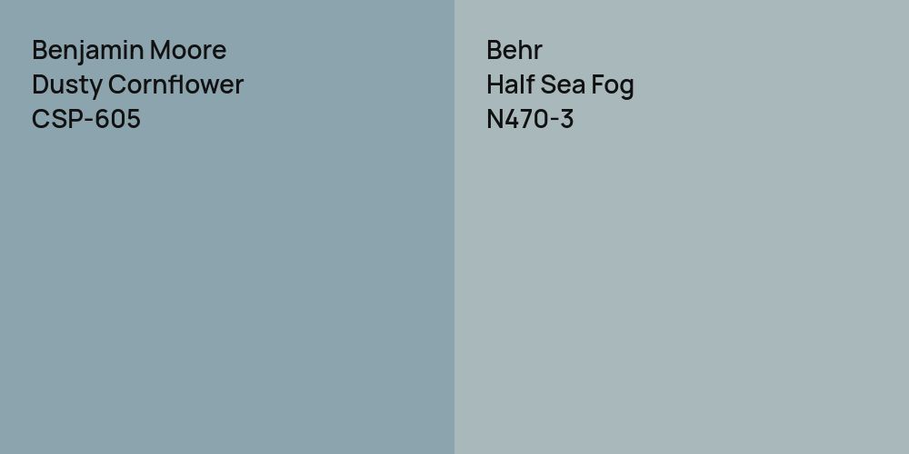 Benjamin Moore Dusty Cornflower vs. Behr Half Sea Fog