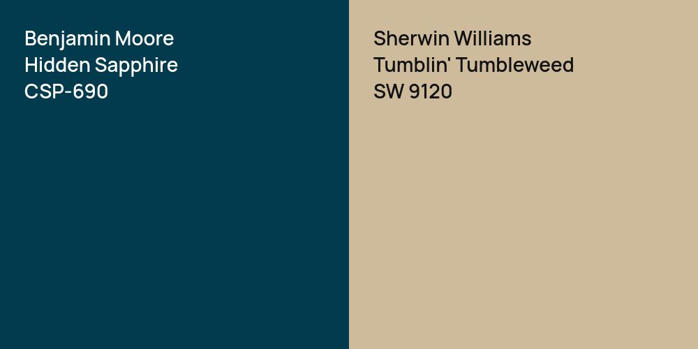 Benjamin Moore Hidden Sapphire vs. Sherwin Williams Tumblin' Tumbleweed