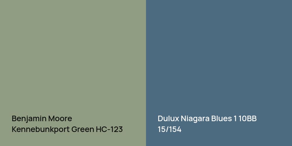 Benjamin Moore Kennebunkport Green vs. Dulux Niagara Blues 1