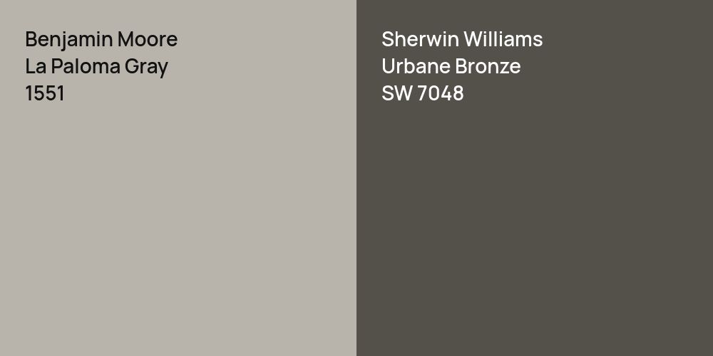 Benjamin Moore La Paloma Gray vs. Sherwin Williams Urbane Bronze