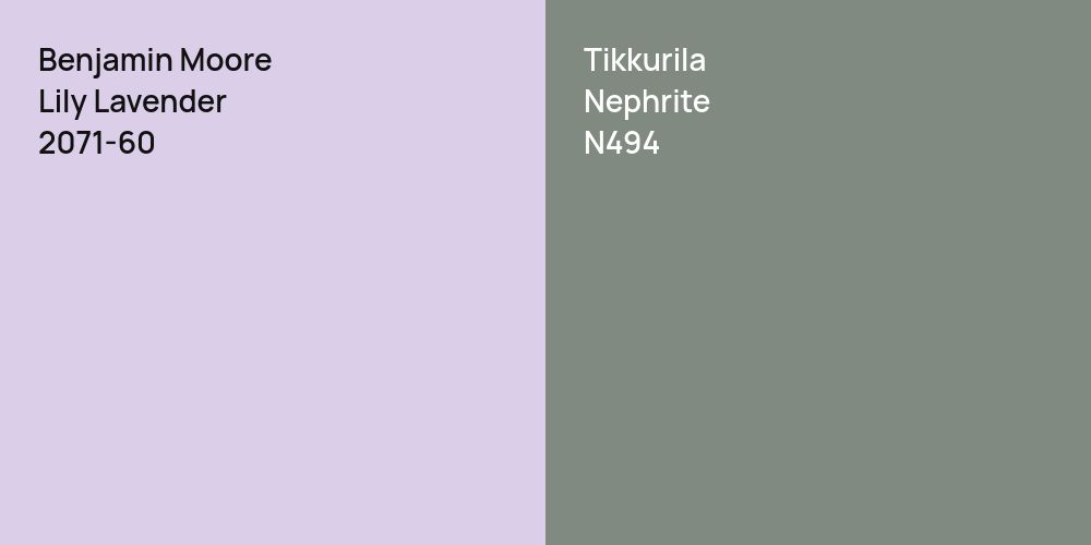 Benjamin Moore Lily Lavender vs. Tikkurila Nephrite