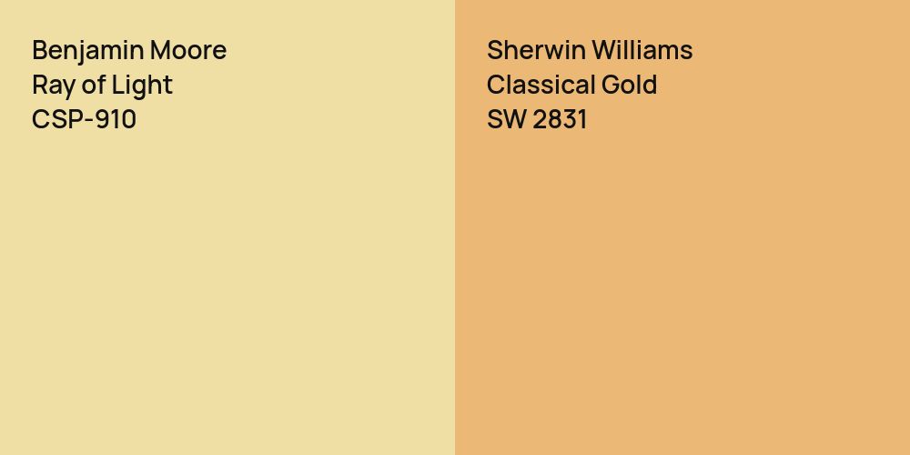 Benjamin Moore Ray of Light vs. Sherwin Williams Classical Gold