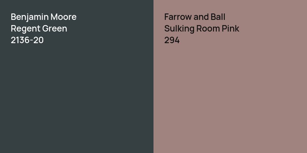 Benjamin Moore Regent Green vs. Farrow and Ball Sulking Room Pink