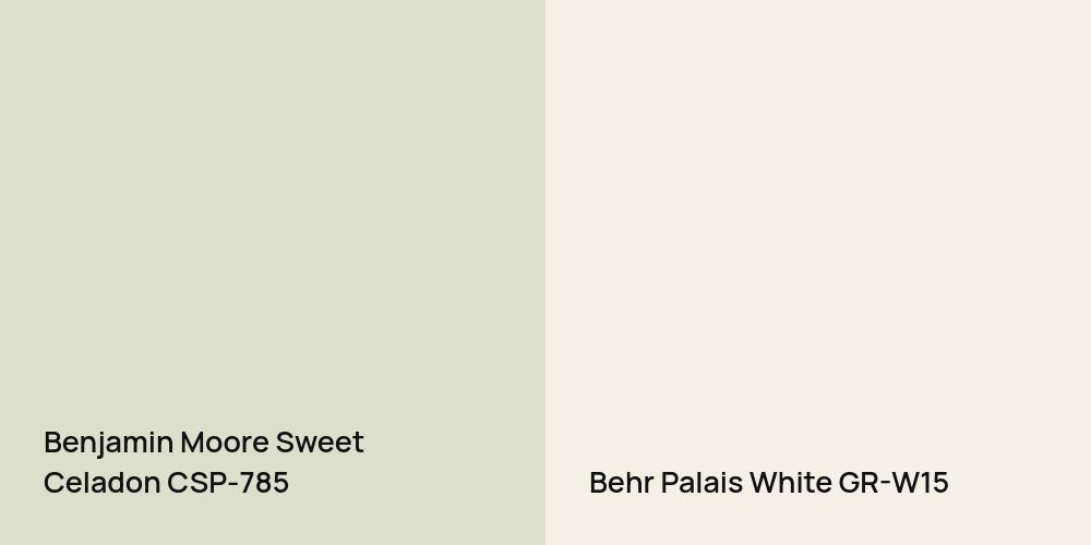 Benjamin Moore Sweet Celadon vs. Behr Palais White